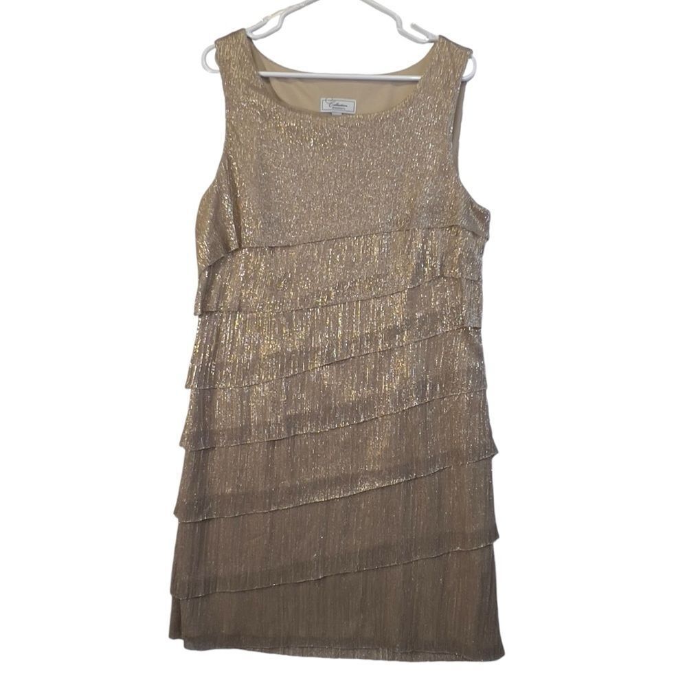 Dress Barn Champagne Metallic Gold Tiered Lined Sleeveless Dress 12 flapper
